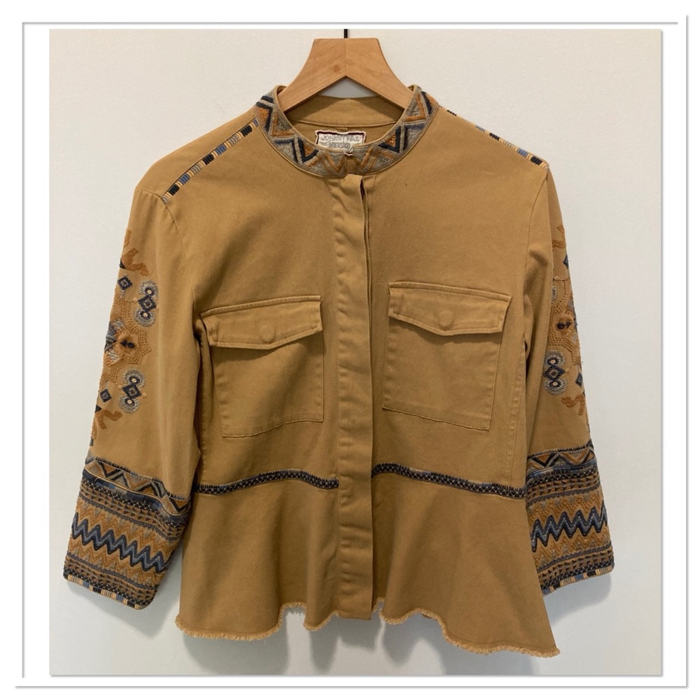 Johnny Was Amika Peplum Embroidered Military Jacket Khaki Size Small